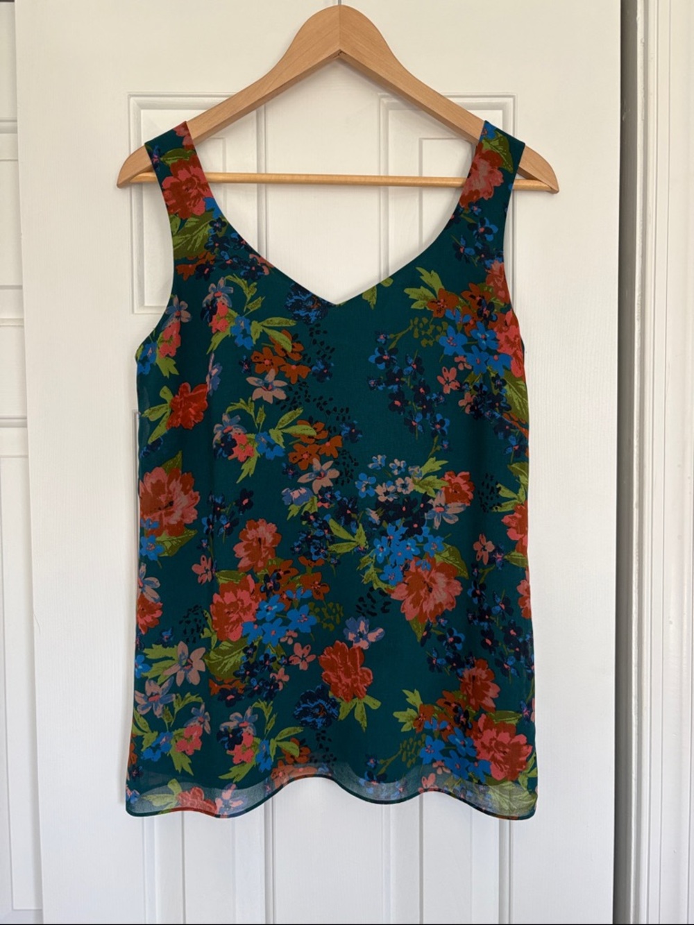 CAbi Teal Floral V-Neck Camisole with Coral and Blue Blooms